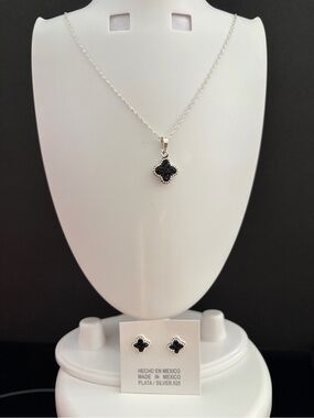Sterling Silver 925 Necklace and Earring Set with Black Clover Stones